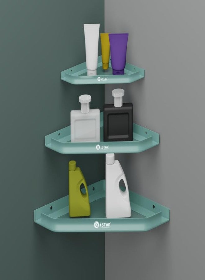 آي ستار رف حائط مثلث الشكل من البلاستيك من iSTAR | حامل تخزين متعدد الأغراض غير قابل للكسر للحمام والمطبخ للشامبو والزجاجات ومستحضرات التجميل وأدوات النظافة (أخضر، عبوة من 3 قطع) - Image 2